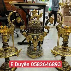 Đỉnh đồng song long chầu nguyệt dát vàng điểm