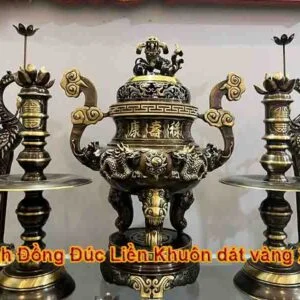 Đỉnh Đồng Song Long Màu hun dát vàng