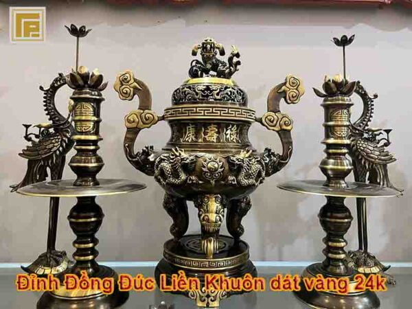 Đỉnh Đồng Song Long Màu hun 65cm