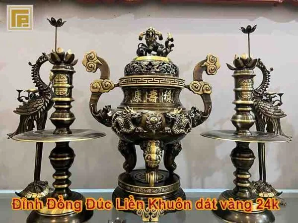 Đỉnh Đồng Song Long Màu hun 65cm