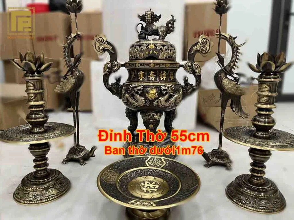 Bộ Đỉnh Đồng 55cm Hun Cổ Cho Không Gian Thờ Dưới 1m55 bọ đỉnh đòng cam 1m55 cho ban thờ 1m55