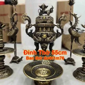 Bộ Đỉnh Đồng 55cm Hun Cổ Cho Không Gian Thờ Dưới 1m55 Trọn bộ đỉnh đồng 5 món tộng cân nặng 32kg