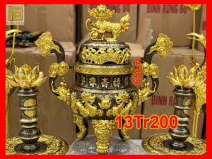 Bộ đỉnh đồng thờ cúng dát vàng 24k chiều cao 65cm nặng 32kg