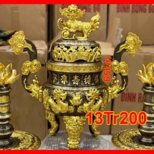 Bộ đỉnh đồng thờ cúng dát vàng 24k chiều cao 65cm nặng 32kg