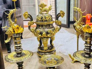 Đỉnh Đồng Song Long 70cm, Bộ Đỉnh Đồng Dát Vàng 24k