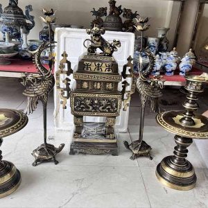 Bộ Đỉnh Đồng Vuông Song Long Cao 65cm Màu Vàng Bộ Đỉnh Đồng Vuông Song Long Màu Hun