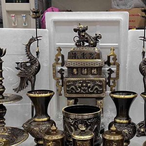 Bộ Đỉnh Đồng Vuông Song Long Cao 65cm Màu Vàng đỉnh đồng Vuông Hun Giả Cổ