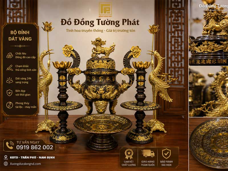 Chi Tiết Bộ Đỉnh Dát Vàng 36kg Tại Xưởng Bộ Đỉnh Đồng Dát Vàng