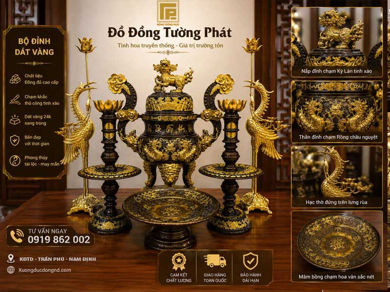 Chi Tiết Bộ Đỉnh Dát Vàng 36kg Tại Xưởng Bộ đỉnh đồng Ngũ Sự Dát Vàng 24k