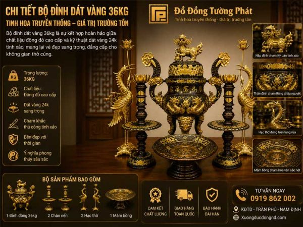 Chi Tiết Bộ Đỉnh Dát Vàng 36kg Tại Xưởng Chi Tiết Bộ Đỉnh Dát Vàng 36kg - Kiệt Tác Thờ Cúng Đẳng Cấp