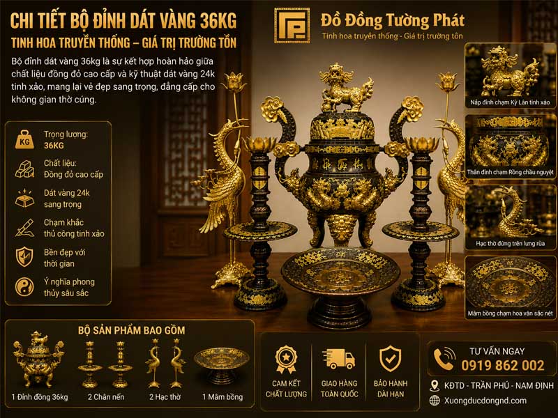 Chi Tiết Bộ Đỉnh Dát Vàng 36kg Tại Xưởng Chi Tiết Bộ Đỉnh Dát Vàng 36kg - Kiệt Tác Thờ Cúng Đẳng Cấp