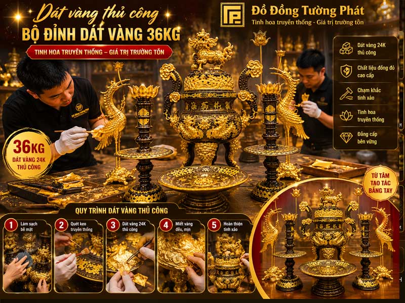 Chi Tiết Bộ Đỉnh Dát Vàng 36kg Tại Xưởng Dát Vàng Thủ Công đỉnh đồng