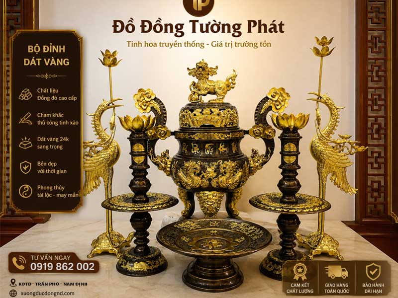 Chi Tiết Bộ Đỉnh Dát Vàng 36kg Tại Xưởng Trọn Bộ Đỉnh Đồng Dát Vàng Tại Xưởng